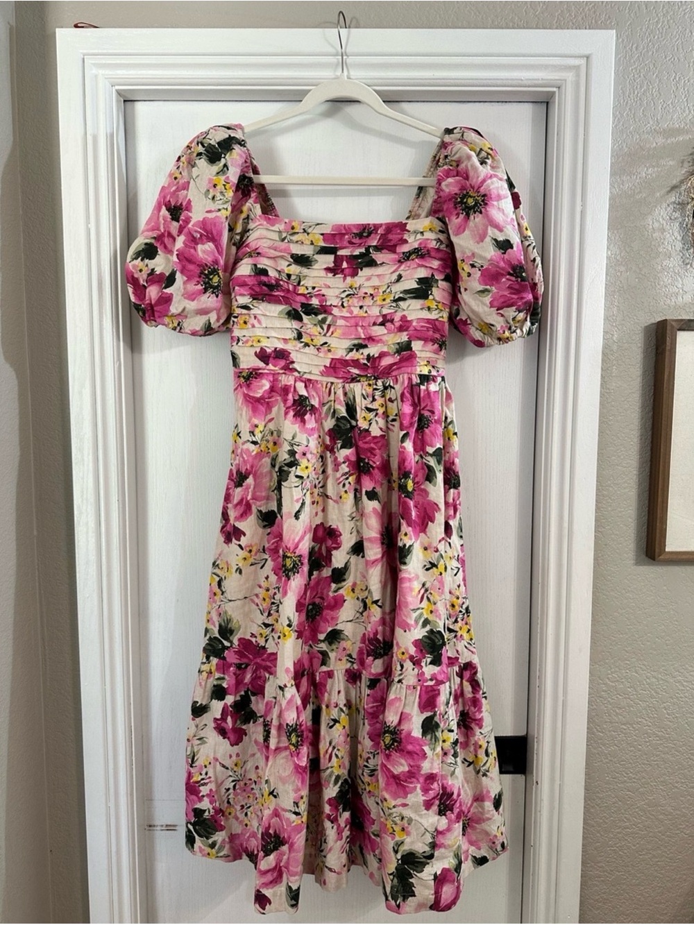 Abercrombie & Fitch Pink Floral Popplin Puff-Sleeve Midi Dress in Cream